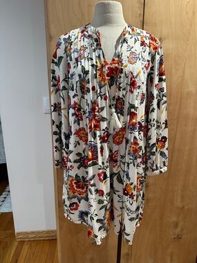 Old Navy White Long Sleeve Floral Tunic Dress with Red & Yellow Flowers